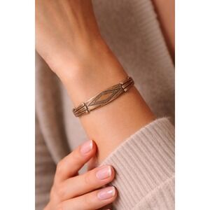 Cuff Bracelet Vintage Solid Copper Mid Century Modern Geometric Engraved Artisan